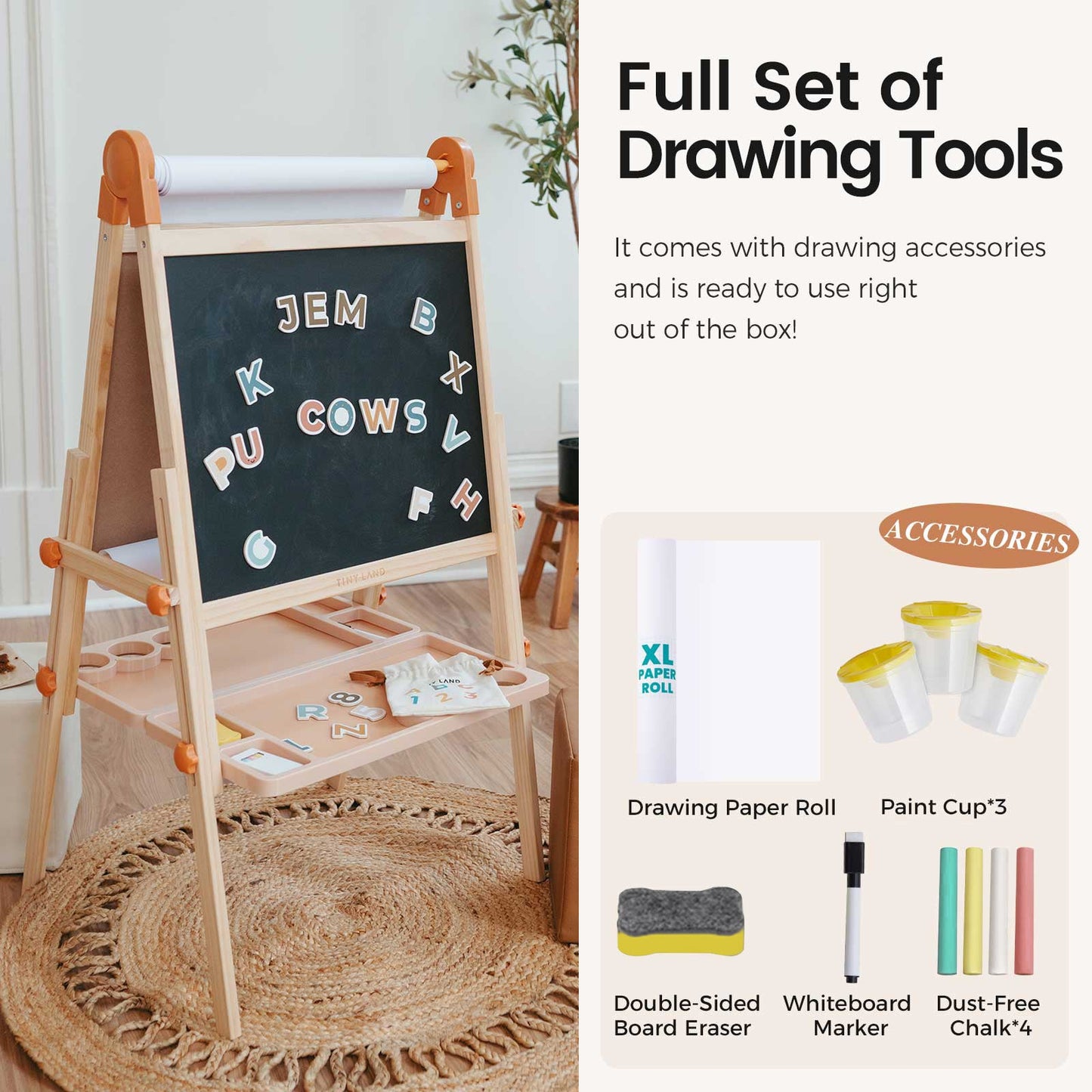 The Tiny Land® Magnitales Easel for Kids stands on a round rug and features a chalkboard, magnetic letters, height adjustment, a paper roll, three paint cups, eraser, whiteboard marker, and four dust-free chalks for creative play.