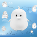 Pebbles the Penguin Silicone Night Light is a white, squishy penguin featuring tap-to-change colors, 72-hour battery life, color lock, USB-C recharging, and an integrated sleep timer.