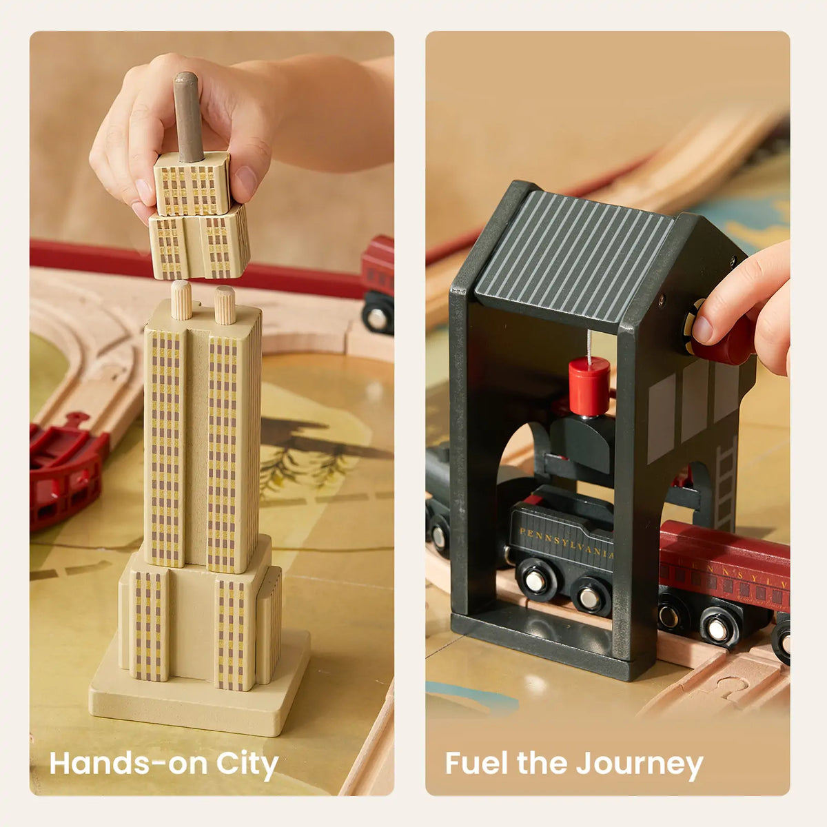 A split image of the 1920s Railway Wooden Train Table with Sounds showing a child stacking wooden blocks into a skyscraper in a vintage city scene on the left, and a train entering a wooden engine house on the right.
