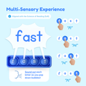 A blue sensory pop-it toy from the Tricky Trolls Blends Reading Game featuring the letters f, a, s, and t, with a finger pressing each button to sound out the word fast to practice CVCC words.