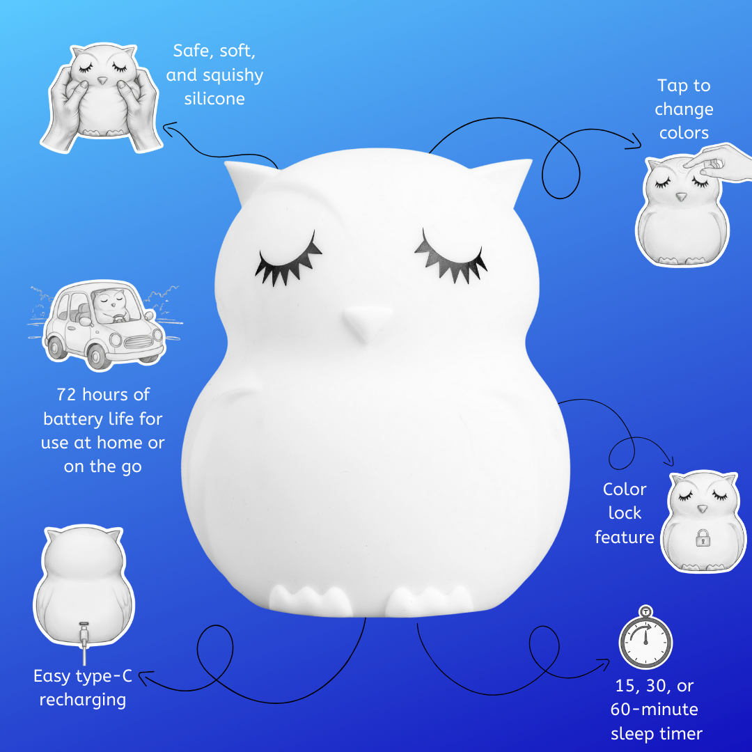Opal the Owl Silicone Night Light in a nursery, featuring a soft white owl design with tap-to-change colors, 72-hour battery life, color lock, USB-C charging, and a sleep timer.