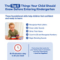 An infographic for the Kindergarten Readiness Backpack titled The Top 5 Things Your Child Should Know Before Entering Kindergarten, showing a child playing learning games for 10-15 minutes daily to build readiness.