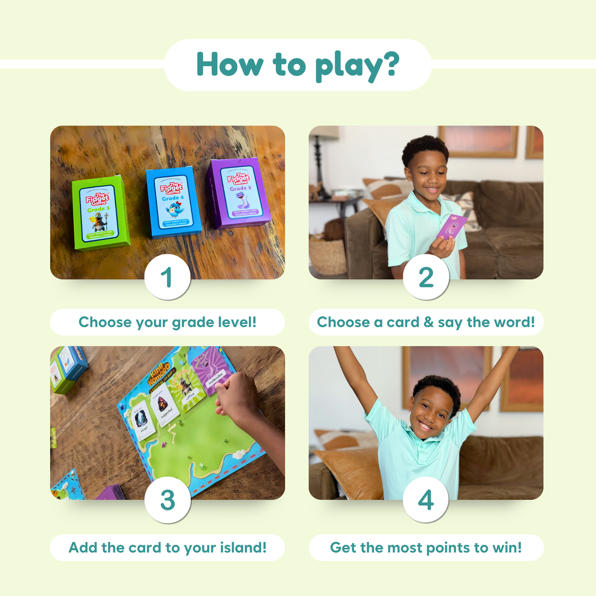 A four-step guide for the King Komodo Sight Words Game (Grades 3–5): 1) choose a grade-level box, 2) pick a high-frequency word card, 3) add the card to your game board, and 4) win the game.