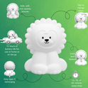 A white, lion-shaped Luther the Lion Silicone Night Light surrounded by icons for its features: squishy silicone, tap-to-change colors, long battery life, color lock, sleep timer, and USB-C charging.