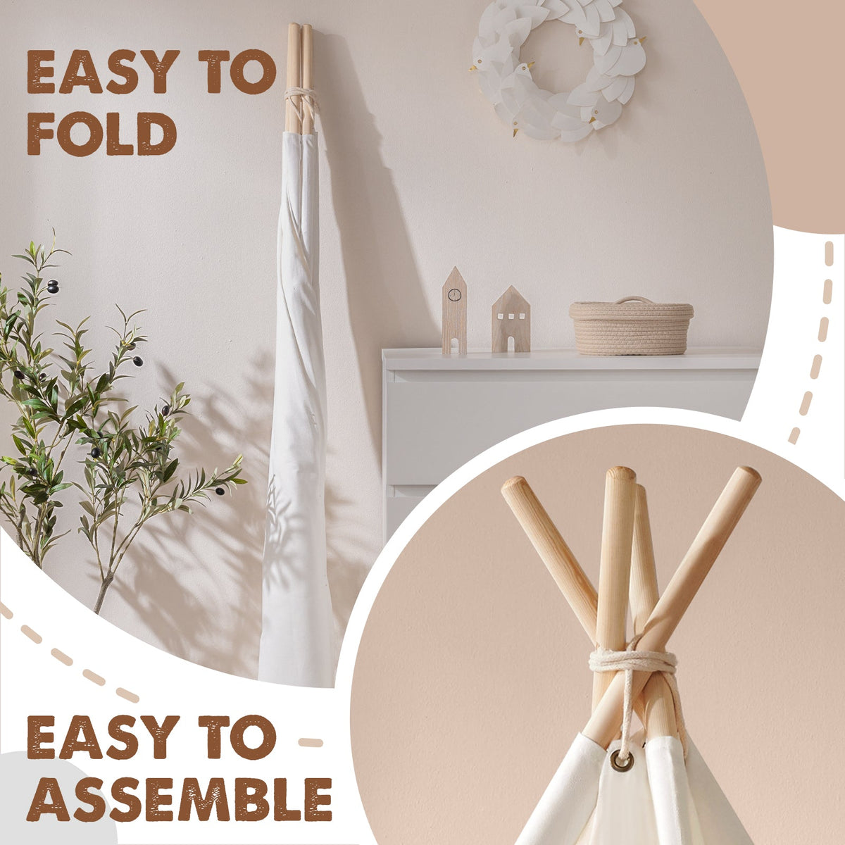 A folded Cozy Kids Teepee Tent with Padded Mat leaning against a wall next to an assembled teepee, with text reading EASY TO FOLD and EASY TO ASSEMBLE.