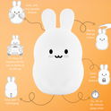 Baxter the Bunny silicone night light, a white bunny surrounded by icons for its tap-to-change colors, color lock, sleep timer, rechargeable battery, and portable use.