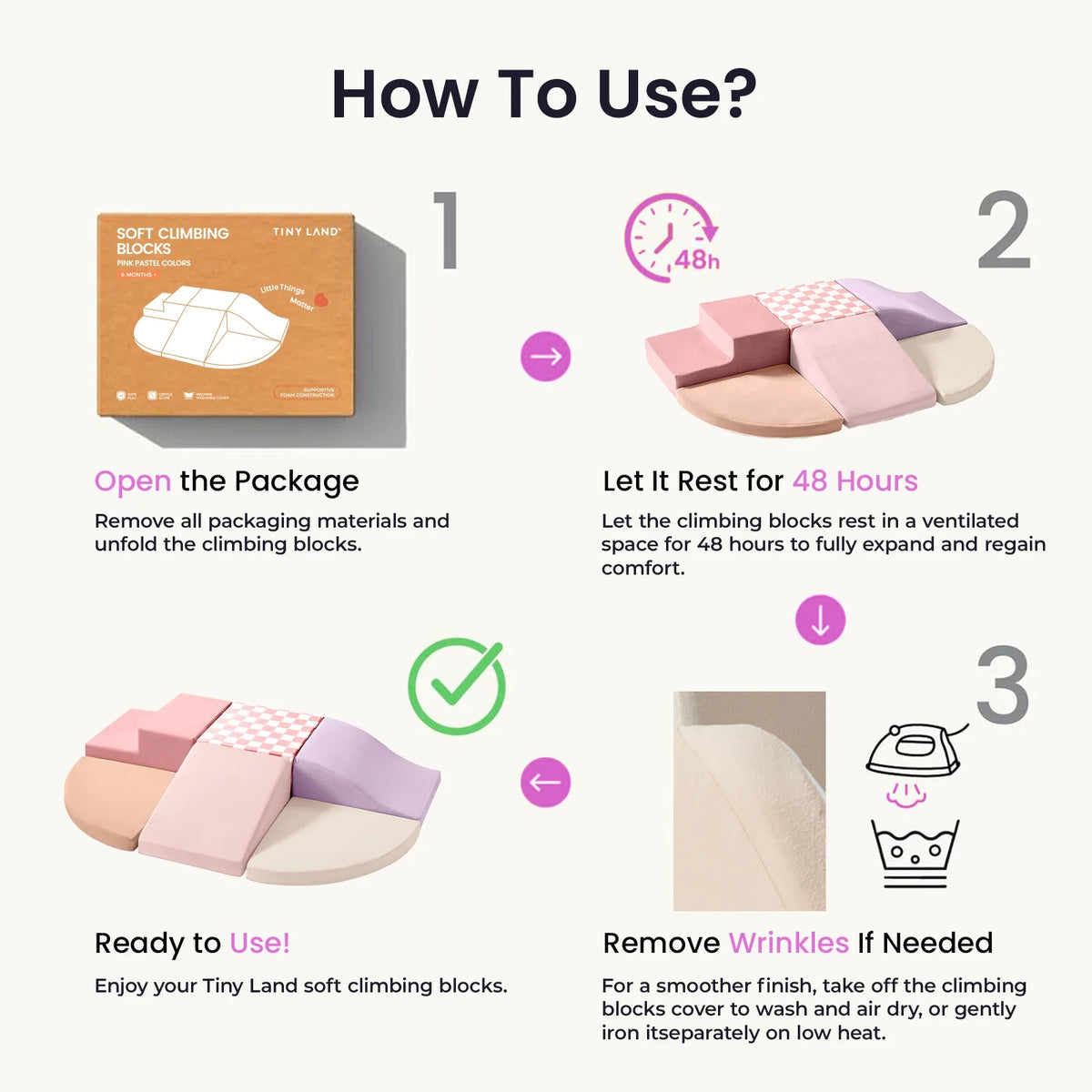 Infographic titled How To Use? showing three steps for PlayNest Soft Foam Climbing Blocks – Violet: removing the blocks from the package, letting them rest for 48 hours to expand, and ironing the covers on low heat if needed.