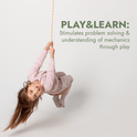 A young girl in pink clothes swings on the 3in1 Swing & Climbing Set: Rope Ladder, Gym Rings & Disc Swing against a plain background. Text beside her reads: PLAY&LEARN: Encourages problem solving and mechanical understanding through play—supporting child development with every swing.
