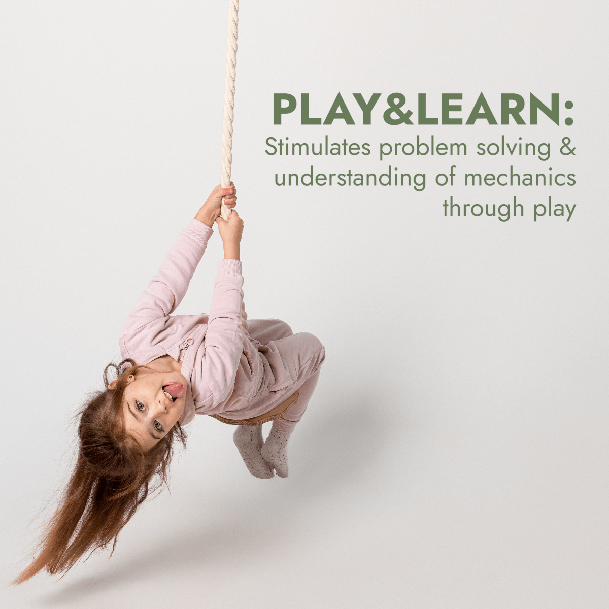 A young girl in pink clothes swings on the 3in1 Swing & Climbing Set: Rope Ladder, Gym Rings & Disc Swing against a plain background. Text beside her reads: PLAY&LEARN: Encourages problem solving and mechanical understanding through play—supporting child development with every swing.