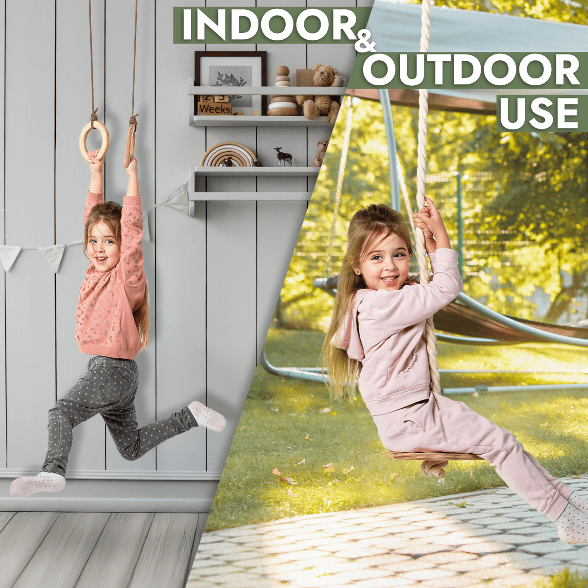 Two young girls enjoy playtime; one smiles while swinging indoors on the gym rings, and the other grins outdoors on the disc swing. Text reads INDOOR & OUTDOOR USE. The image is split diagonally to show both settings, showcasing the versatility of the 3in1 Swing & Climbing Set: Rope Ladder, Gym Rings & Disc Swing—designed for active play that supports child development anywhere.