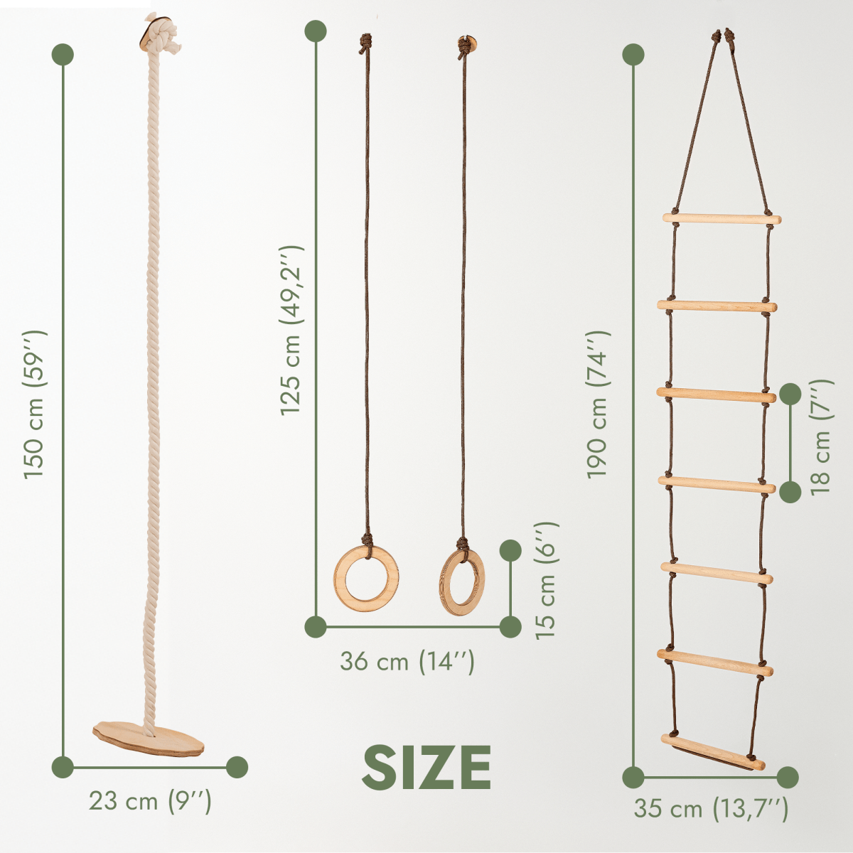 The 3in1 Swing & Climbing Set—featuring a 150 cm (59″) climbing rope with disc seat, 125 cm (49″) gym rings on ropes, and a 190 cm (75″) rope ladder—makes an ideal addition to any indoor or outdoor swing set. Each component’s measurements are clearly shown in both centimeters and inches with green arrows, helping you select the perfect fit for your space while promoting child development through active play.