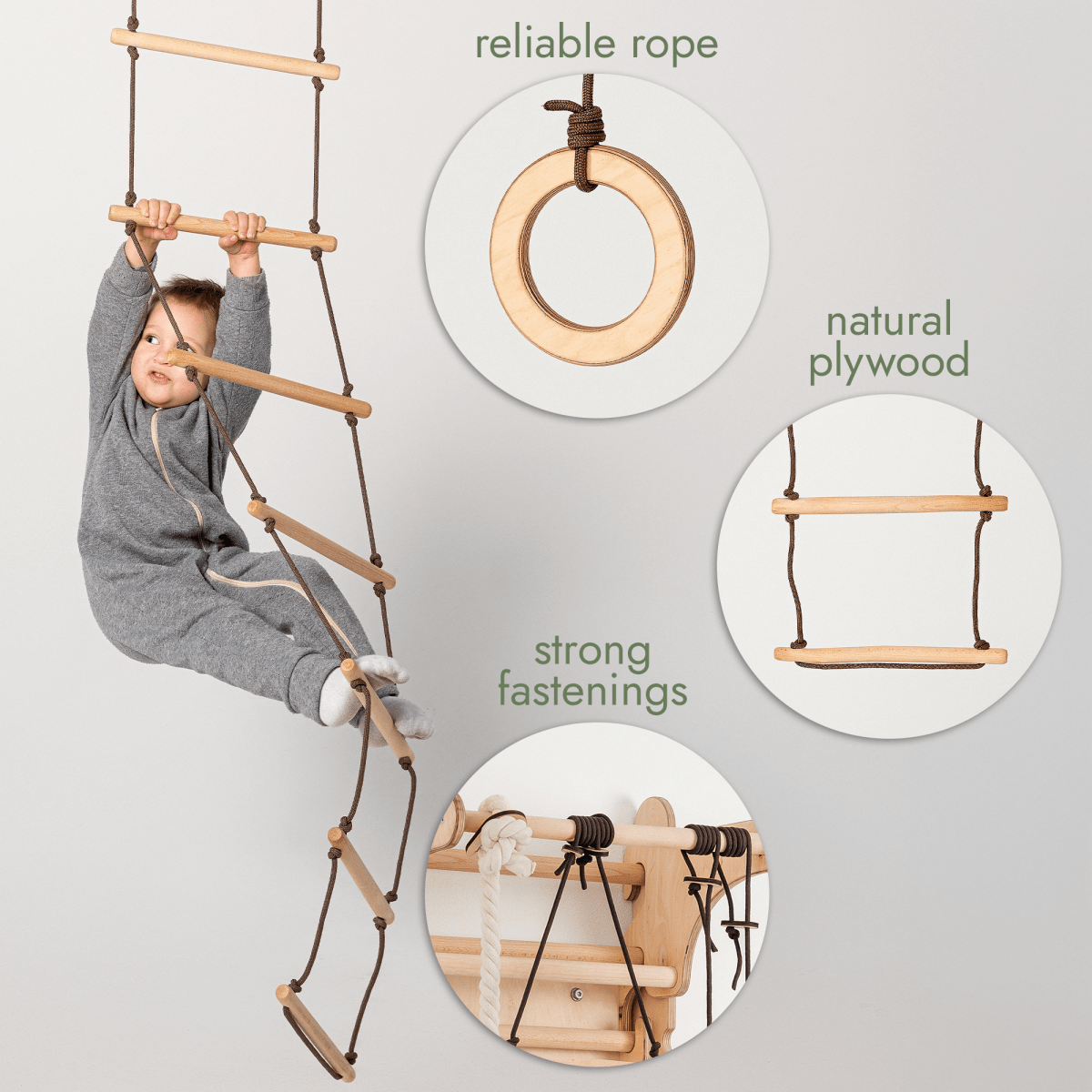 A toddler climbs the rope ladder of the 3in1 Swing & Climbing Set: Rope Ladder, Gym Rings & Disc Swing—a versatile playset designed for both indoor and outdoor use. Inset images showcase a wooden ring with “reliable rope,” ladder steps made from “natural plywood,” and hooks labeled as “strong fastenings.” The set’s beige and brown tones add a stylish touch while supporting child development through active play.