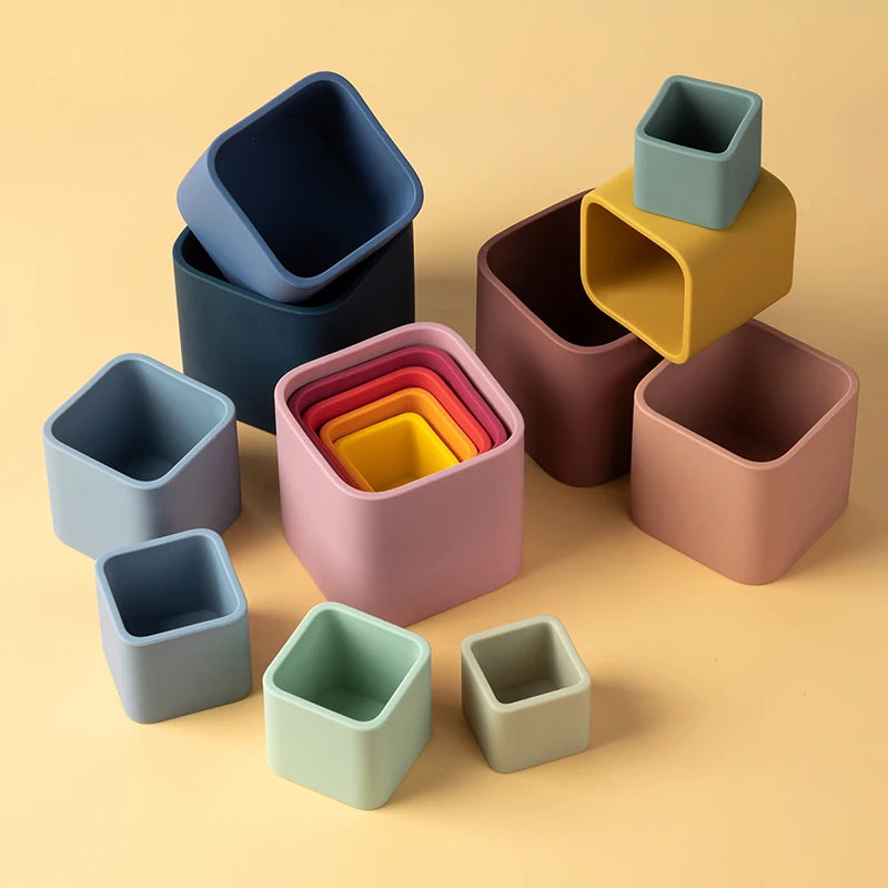 5Pcs/Set Baby Silicone Building Blocks Square Silicone Stacking Cups Bpa-Free Educational Montessori Toys Baby Bath Toys