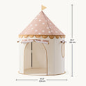 Starry Indoor Play Tent for Toddlers with a white body, a pink roof with white stars, and a scalloped gold trim, measuring 41.3 inches wide by 53.1 inches high.