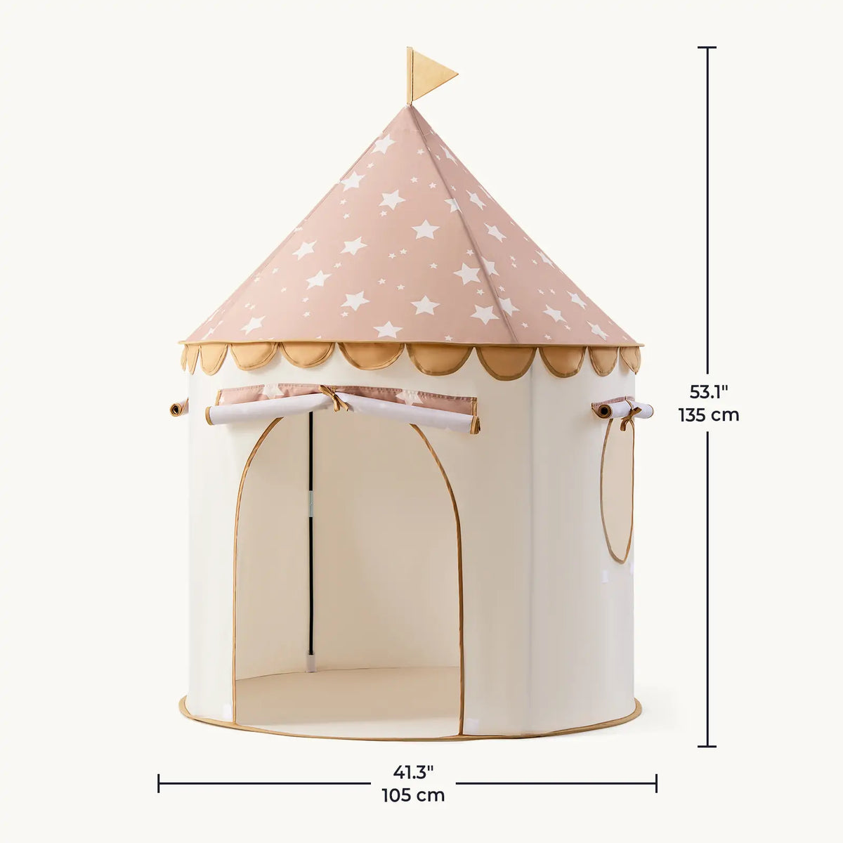 Starry Indoor Play Tent for Toddlers with a white body, a pink roof with white stars, and a scalloped gold trim, measuring 41.3 inches wide by 53.1 inches high.