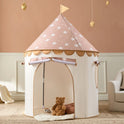 A brown Starry Indoor Play Tent for Toddlers shaped as a hexagon with a star-patterned roof, featuring an open doorway with a teddy bear sitting inside.