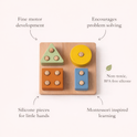 The Montessori Wood & Silicone Shape Puzzle features a wooden board with four silicone shapes—a green triangle, a yellow circle, an orange square, and a blue rectangle—surrounded by text labels highlighting its fine motor skill benefits.