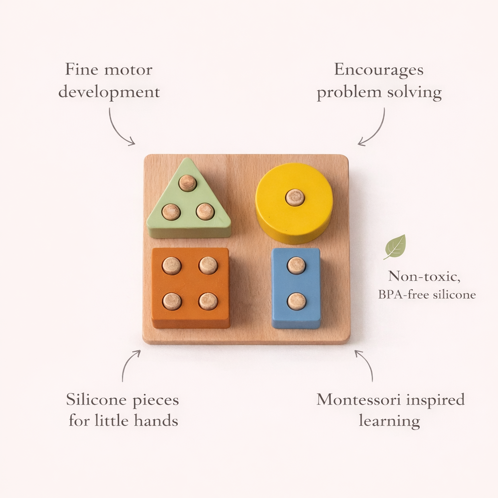 The Montessori Wood & Silicone Shape Puzzle features a wooden board with four silicone shapes—a green triangle, a yellow circle, an orange square, and a blue rectangle—surrounded by text labels highlighting its fine motor skill benefits.