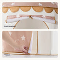 Two panels showing a Starry Indoor Play Tent for Toddlers, with the top panel displaying the rolled-up door curtain and the bottom panel showing a hand securing the fabric door with velcro.