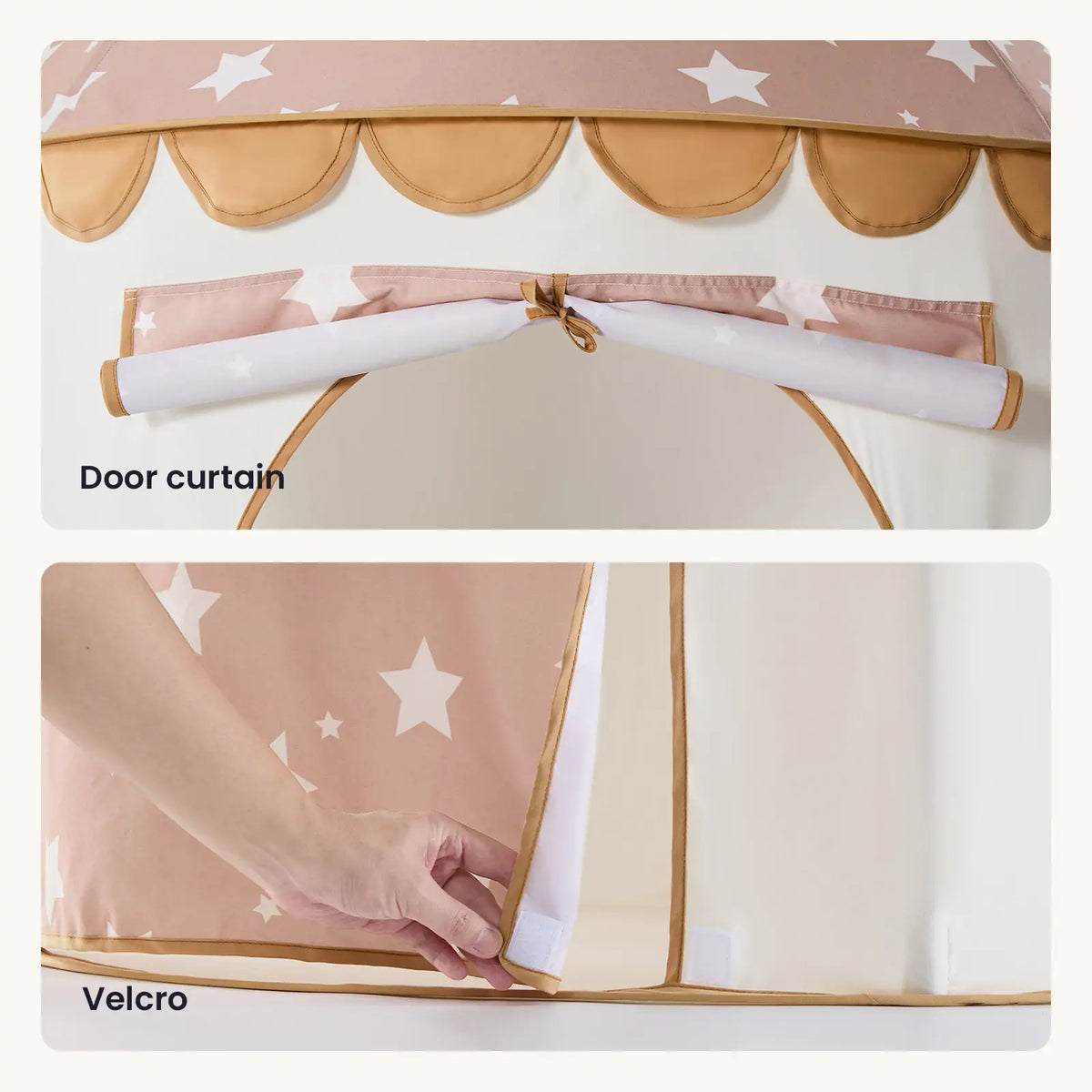 Two panels showing a Starry Indoor Play Tent for Toddlers, with the top panel displaying the rolled-up door curtain and the bottom panel showing a hand securing the fabric door with velcro.