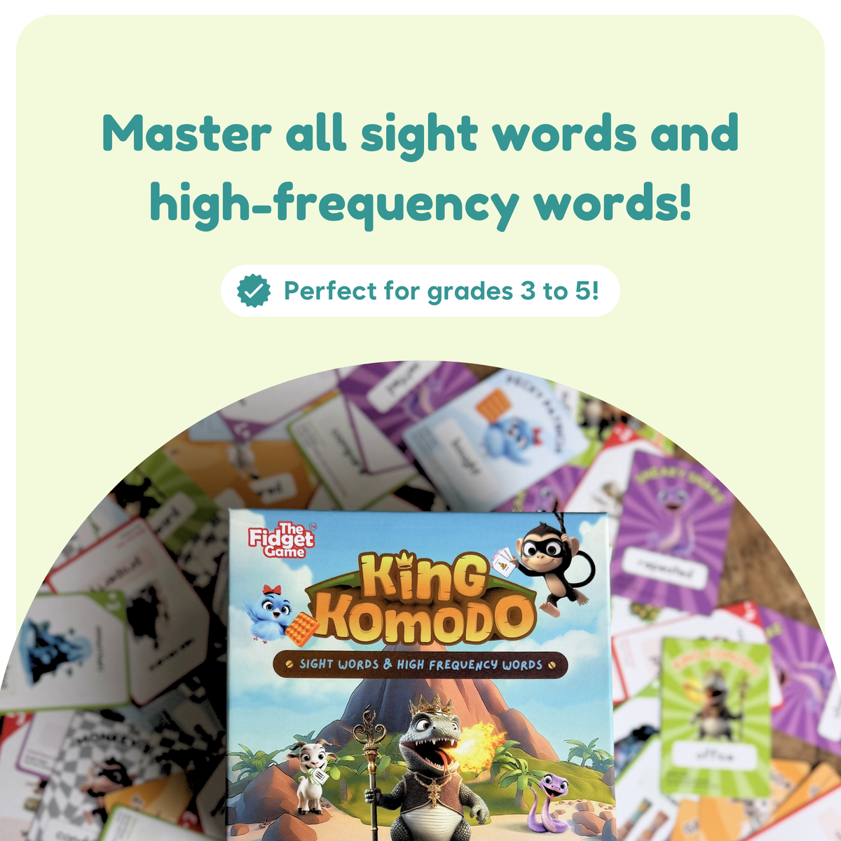 King Komodo Sight Words Game – CHOOSE Act Edition box featuring a komodo dragon character in front of a volcano, surrounded by scattered Fry words playing cards, with the headline Master all sight words and a Perfect for grades 3 to 5! badge.