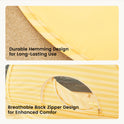 Two images of a yellow striped Kids Beach Tent & Sand Toy Set: the top shows a reinforced hem, and the bottom shows a circular window with a zipper on the UV-protective fabric.