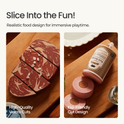 A sliced wooden steak with salt grains and a cylindrical wooden sausage from the Pretend Meat & Seafood Play Pack, both displayed on wooden cutting boards.