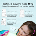 A young girl smiles at a glowing Dragon Silicone Night Light, with three inset illustrations showing the bedtime toy being operated by remote, cleaned in a dishwasher, and used for reading.