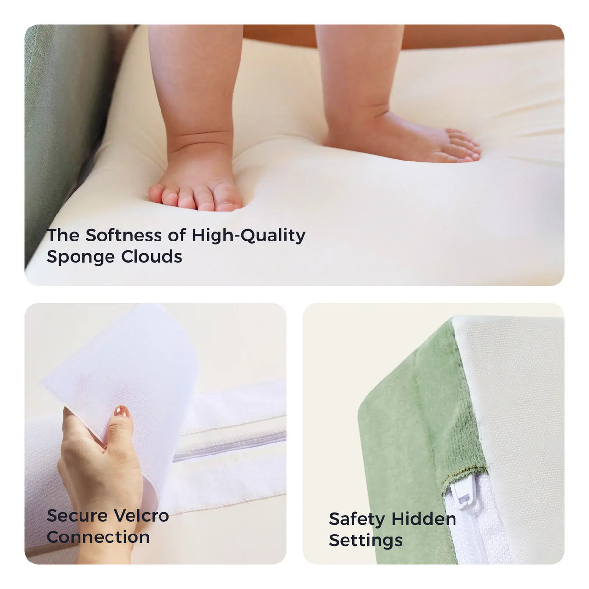A child’s feet stand on a soft indoor playground foam mat, a hand attaches velcro strips, and a close-up shows a covered zipper on a PlayNest Soft Climbing Blocks & Ball Pit Set – Morandi climbing block.