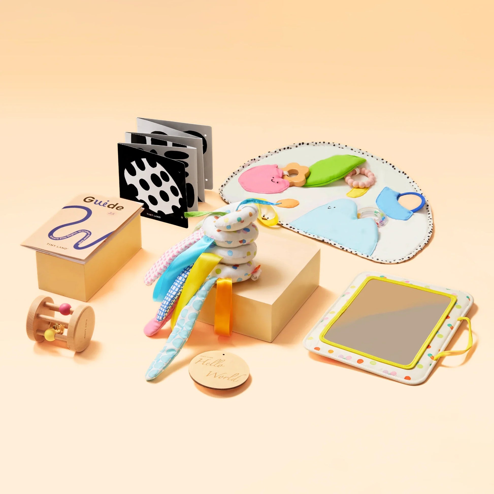 The Tiny Land® Montessori Toys for Newborns (0–3 Months) set features colorful sensory toys and books—wooden rattle, soft fabric shapes, black-and-white board books, textured mat, tummy time toys, small mirror, and coiled ribbon—arranged on pastel boxes.