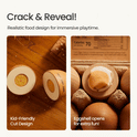 A Wooden Egg Breakfast Play Set (6 pc) featuring a split wooden egg with a fabric yolk inside a cardboard carton, designed with a kid-friendly shell that opens for pretend play.
