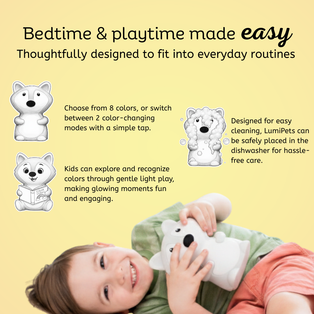 A smiling child lies on their back, holding a white, fox-shaped Felix the Fox Mini Night Light, alongside text detailing its color-changing features, dishwasher-safe design, and use for color learning.