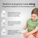 A child plays with a Honey the Hippo Silicone Night Light next to three icons demonstrating its remote control features, educational use, and dishwasher safety.