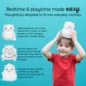 A smiling child balances an Opal the Owl Silicone Night Light on their head, next to text explaining features like brightness control, color-changing modes, and dishwasher-safe cleaning for a calming bedtime routine.