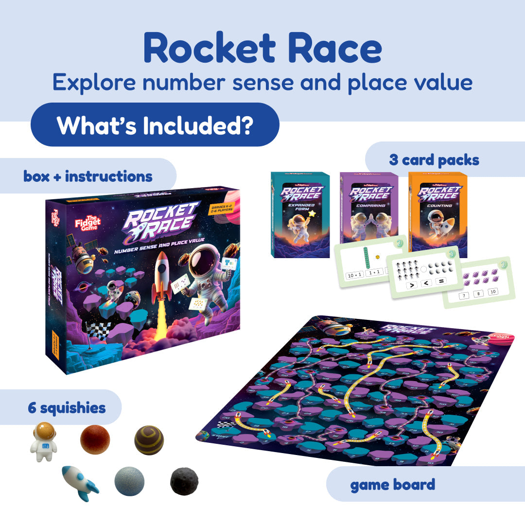 The Kindergarten Readiness Backpack, a space-themed board game set featuring three card packs, six miniature figures, and a purple path-style board designed to support early reading and kindergarten readiness.