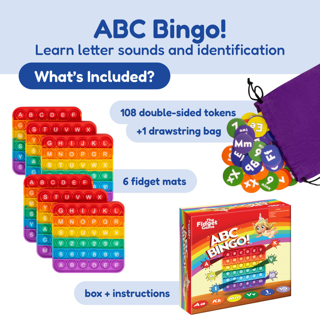 Pre-K Readiness Backpack featuring an ABC Bingo game set with six letter-filled fidget mats, 108 double-sided tokens, a drawstring storage bag, and an instructional box.