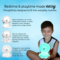 A young boy holds a glowing Luther the Lion Silicone Night Light, accompanied by three diagrams illustrating its remote control, color-changing light, and dishwasher-safe design.