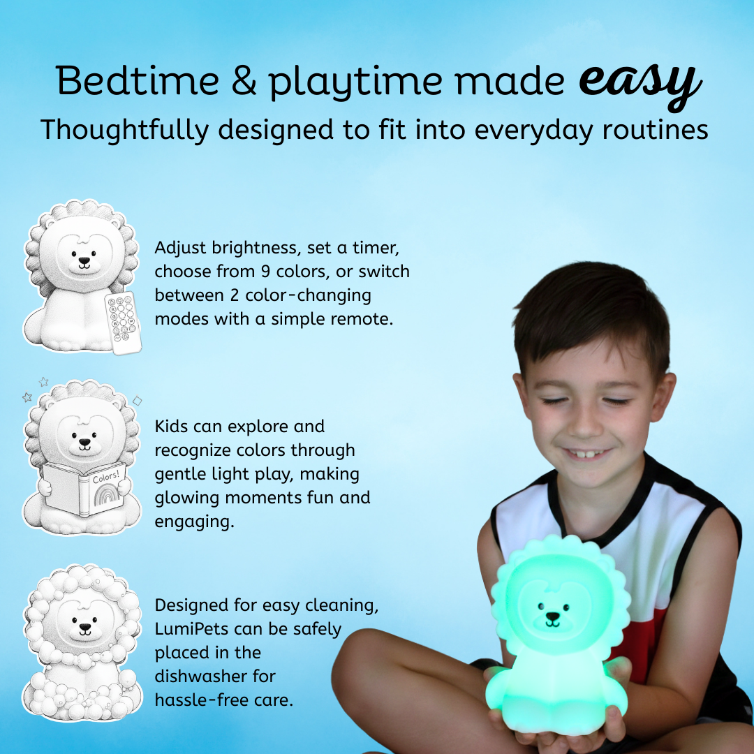 A young boy holds a glowing Luther the Lion Silicone Night Light, accompanied by three diagrams illustrating its remote control, color-changing light, and dishwasher-safe design.