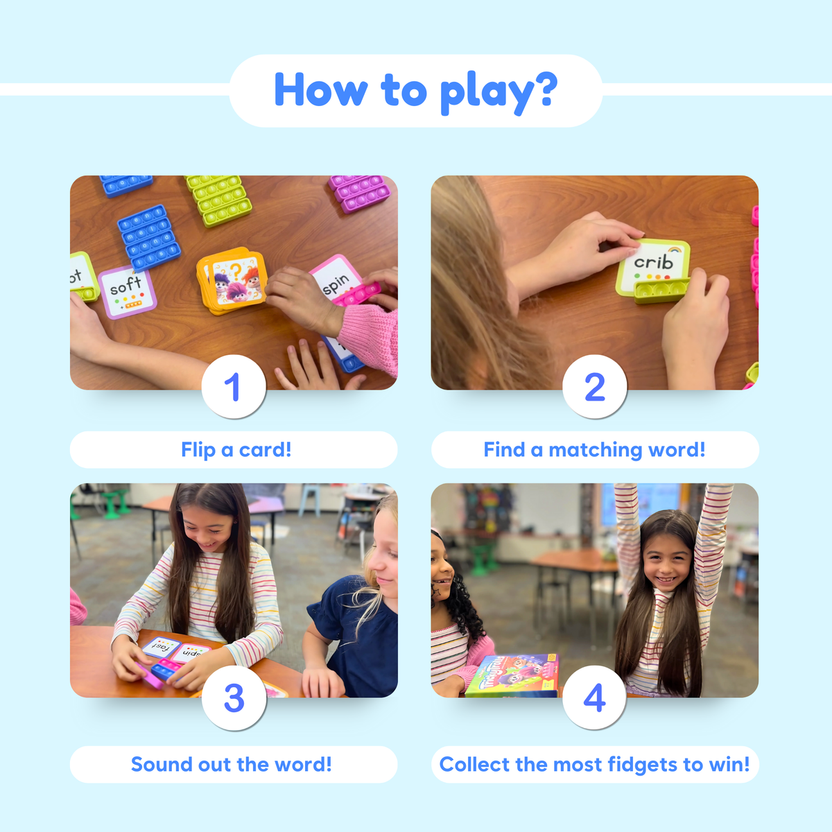 A four-step instructional guide for the Tricky Trolls Blends Reading Game, showing children playing a word-matching game with cards and colorful pop-it fidget toys to practice CVCC words.