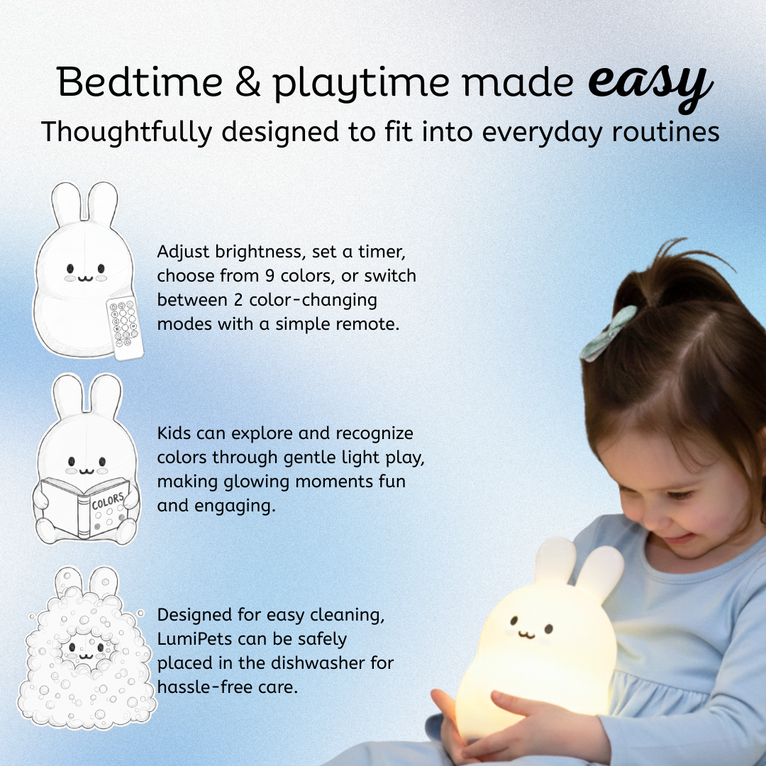 A child holds a glowing, silicone Baxter the Bunny Silicone Night Light, with text explaining its remote-controlled settings, color-changing features, and dishwasher-safe design.