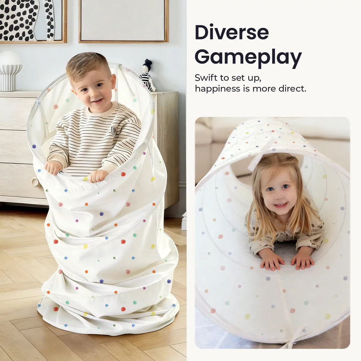 A child stands inside a tall, upright polka-dot Adventure Crawl Tunnel (68″), while another child crawls through the same tunnel lying on its side.