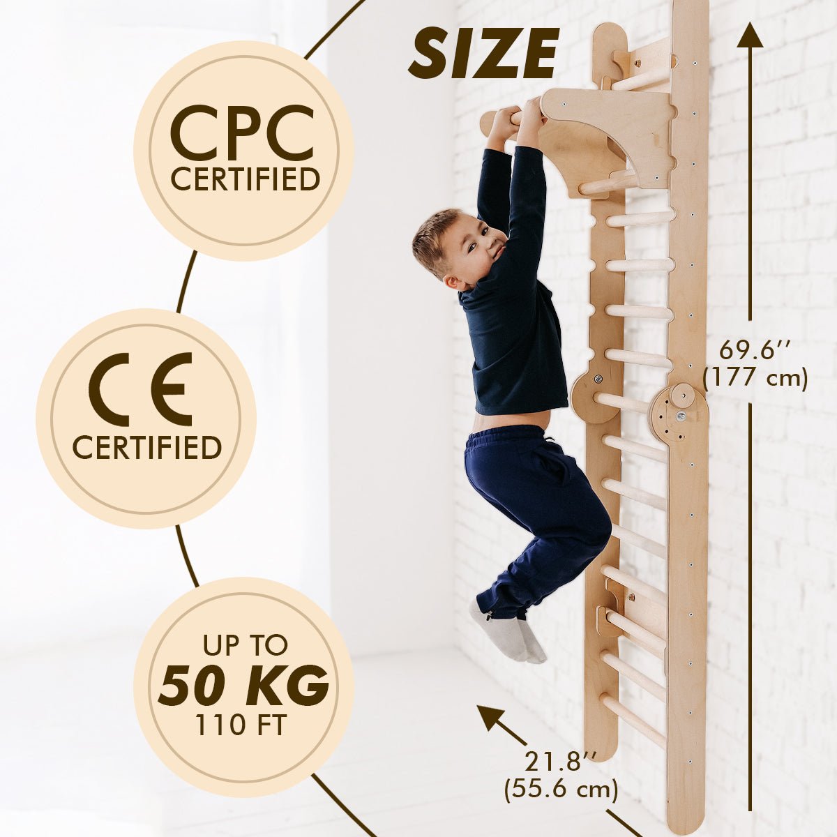 A young boy uses the Swedish Ladder Set + Swing Gym 3in1 + Slide Board + Triangle Ladder (69.6H x 21.8W), CPC & CE certified, with a weight limit of 50 kg (110 lbs), as part of an indoor play set.