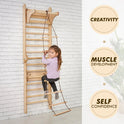 A young girl climbs the Swedish Ladder Set + Swing Gym 3in1 + Slide Board + Triangle Ladder, an indoor play set fixed to a wall. Three beige circles highlight Creativity, Muscle Development, and Self Confidence. A leafy plant is on the right.