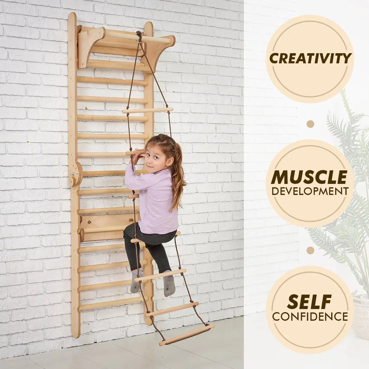 A young girl climbs the Swedish Ladder Set + Swing Gym 3in1 + Slide Board + Triangle Ladder, an indoor play set fixed to a wall. Three beige circles highlight Creativity, Muscle Development, and Self Confidence. A leafy plant is on the right.