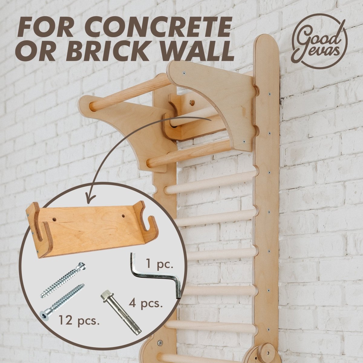 The Swedish Ladder Set + Swing Gym 3in1 + Slide Board + Triangle Ladder is wall mounted on a white brick wall; inset shows included hardware: 12 screws, 1 bolt, 4 L-shaped brackets, and a bracket. Great indoor play set for brick or concrete walls by GoodJevas.