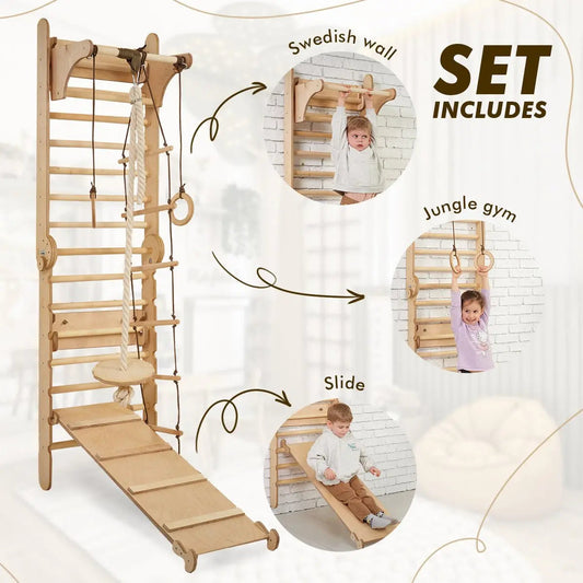The Swedish Ladder Set + Swing Gym 3in1 includes a slide board and triangle ladder. Inset photos show kids climbing, swinging, and sliding. Text reads: Set Includes.