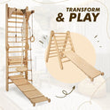The Swedish Ladder Set + Swing Gym 3in1 + Slide Board + Triangle Ladder features a climbing ladder, rings, ropes, swing, and a detachable ramp that becomes a slide. Transform & Play text pops against a playful backdrop for this Swedish Wall-inspired adventure zone.