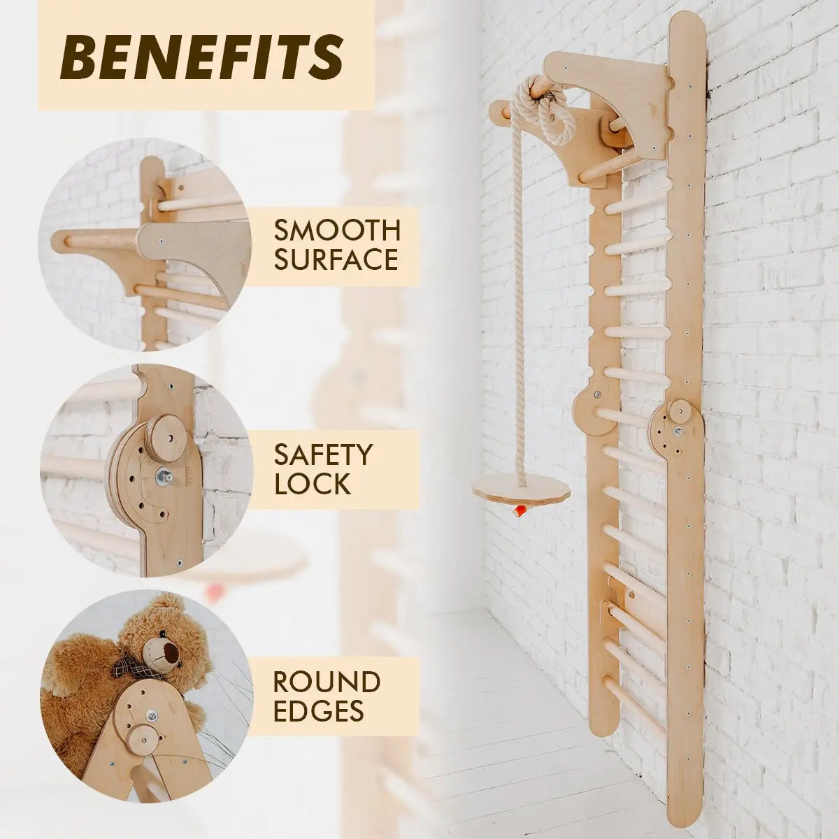 The Swedish Ladder Set + Swing Gym 3in1 with Slide Board and Triangle Ladder is mounted on a white brick wall. It features a rope swing, smooth surfaces, safety lock, rounded edges, and a teddy bear on the steps. Text: Benefits.