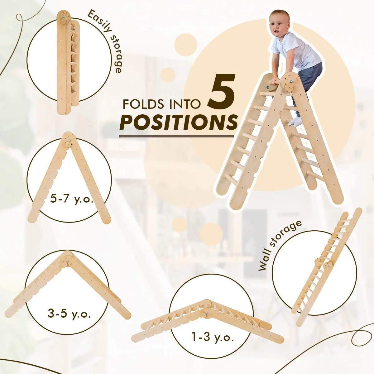 The Swedish Ladder Set + Swing Gym 3in1, Slide Board, and Triangle Ladder folds into 5 positions for ages 1–7. This indoor play set is compatible with Swedish Wall systems and offers easy storage against the wall.