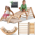 Two young children play on the 4in1 Montessori Climbing Set (Triangle Ladder, Climbing Arch, Slide Board, Cushion for ages 1-3); a Goodevas blackboard hangs above, with both the arch and ladder visible below them for reference.
